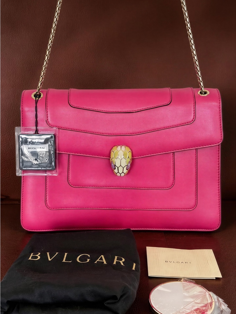 Bulgari Hot Pink Leather Shoulder Bag with Gold-Tone Serpenti Clasp